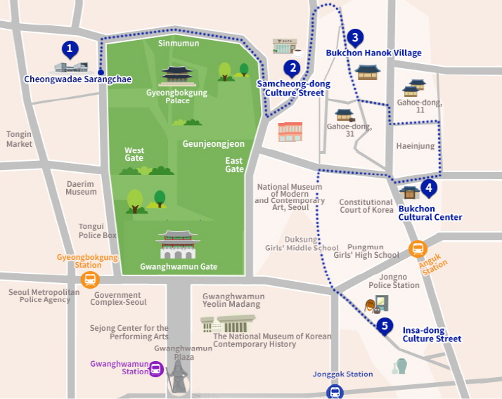 Course Map. 1. Cheongwadae Sarangchae, 2. Samcheong-dong Cultural Street, 3. Bukchon Hanok Village, 4. Bukchon Cultural Center, and 5. Insa-dong Cultural Street.