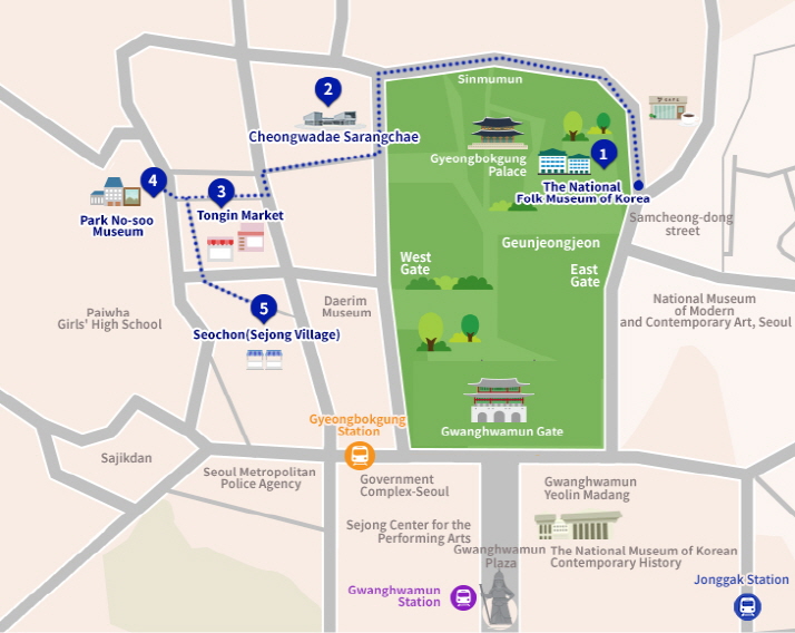 Course Map. 1. National Folk Museum of Korea, 2. Cheongwadae Sarangchae, 3. Tongin Market, 4. Park No-Soo Art Museum, 5. Seochon (Sejong Village)