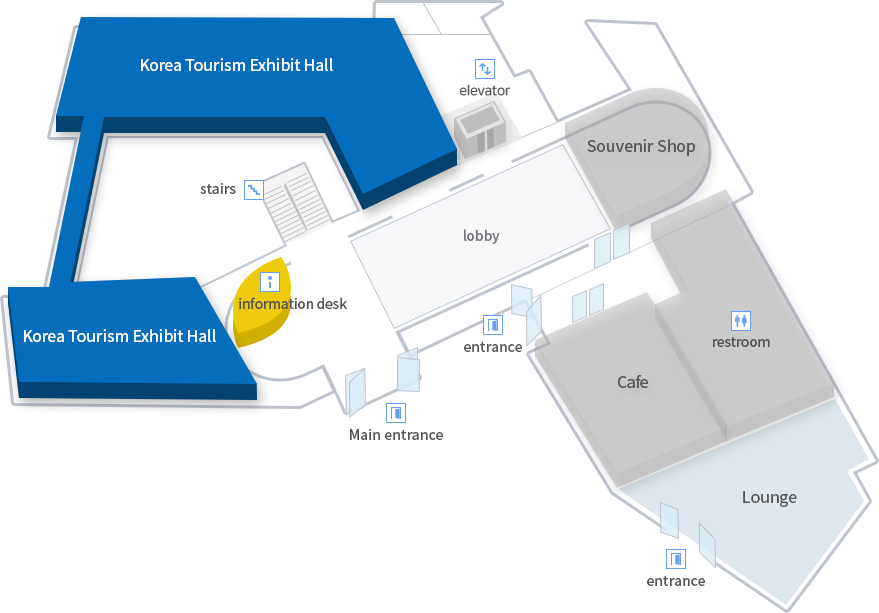 Korea Tourism Exhibit Hall (1F). Based on the central lobby, the Korea Tourism Exhibition Center, information desk, stairs, and main entrance are located on the left side, and the souvenir shop, cafe, restroom, rest area, elevator, sub-entrance, and entrance are located on the right side.