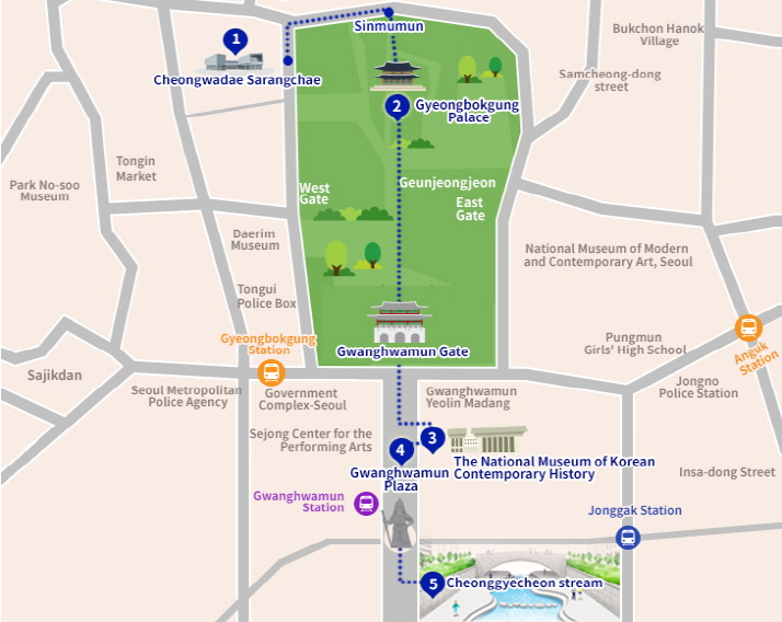 Course Map. 1. Cheongwadae Sarangchae, 2. Gyeongbokgung Palace, 3. Korea Museum of History, 4. Gwanghwamun Square, 5. Cheonggyecheon Stream