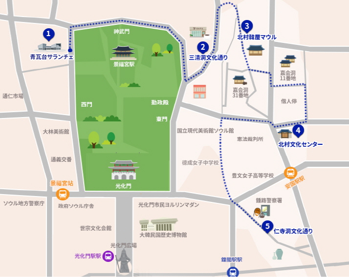 コース地図. 1.青瓦台愛慶、2.三清洞文化の街、3.北村韓屋村、4.北村文化センター、5.仁寺洞文化の街順に路地旅行コースを示した地図
